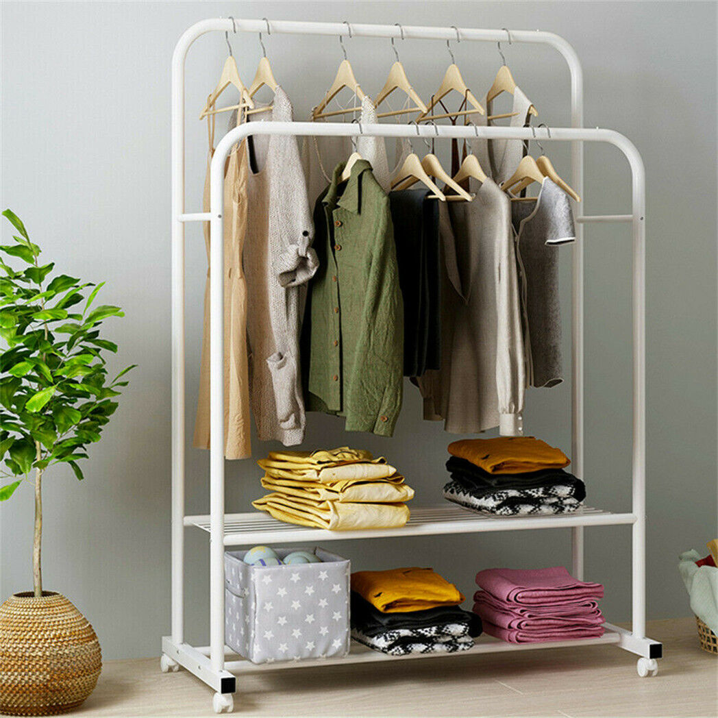 Heavy Duty Rolling Clothes Rail Metal Garment Dual Rails Hanging Coat Rack Stand