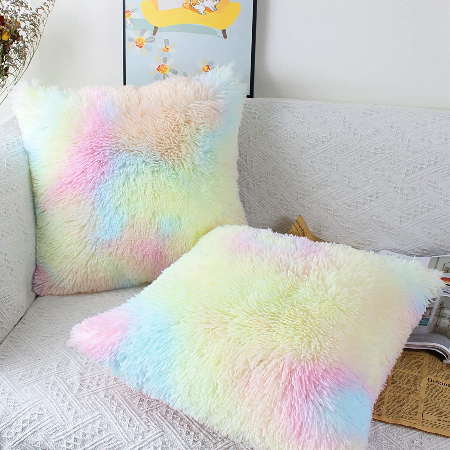 Set of 2 40 x 40cm Faux Fur Fluffy Cushion Covers Soft Throw Pillow Case 16x16 Rainbow Decorative Square Plush Pillowcase for Livingroom Sofa Bedroom