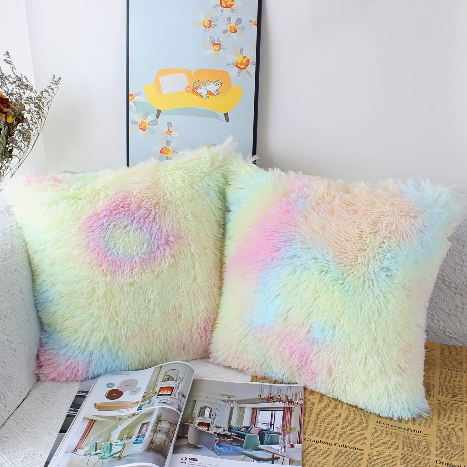 Set of 2 40 x 40cm Faux Fur Fluffy Cushion Covers Soft Throw Pillow Case 16x16 Rainbow Decorative Square Plush Pillowcase for Livingroom Sofa Bedroom