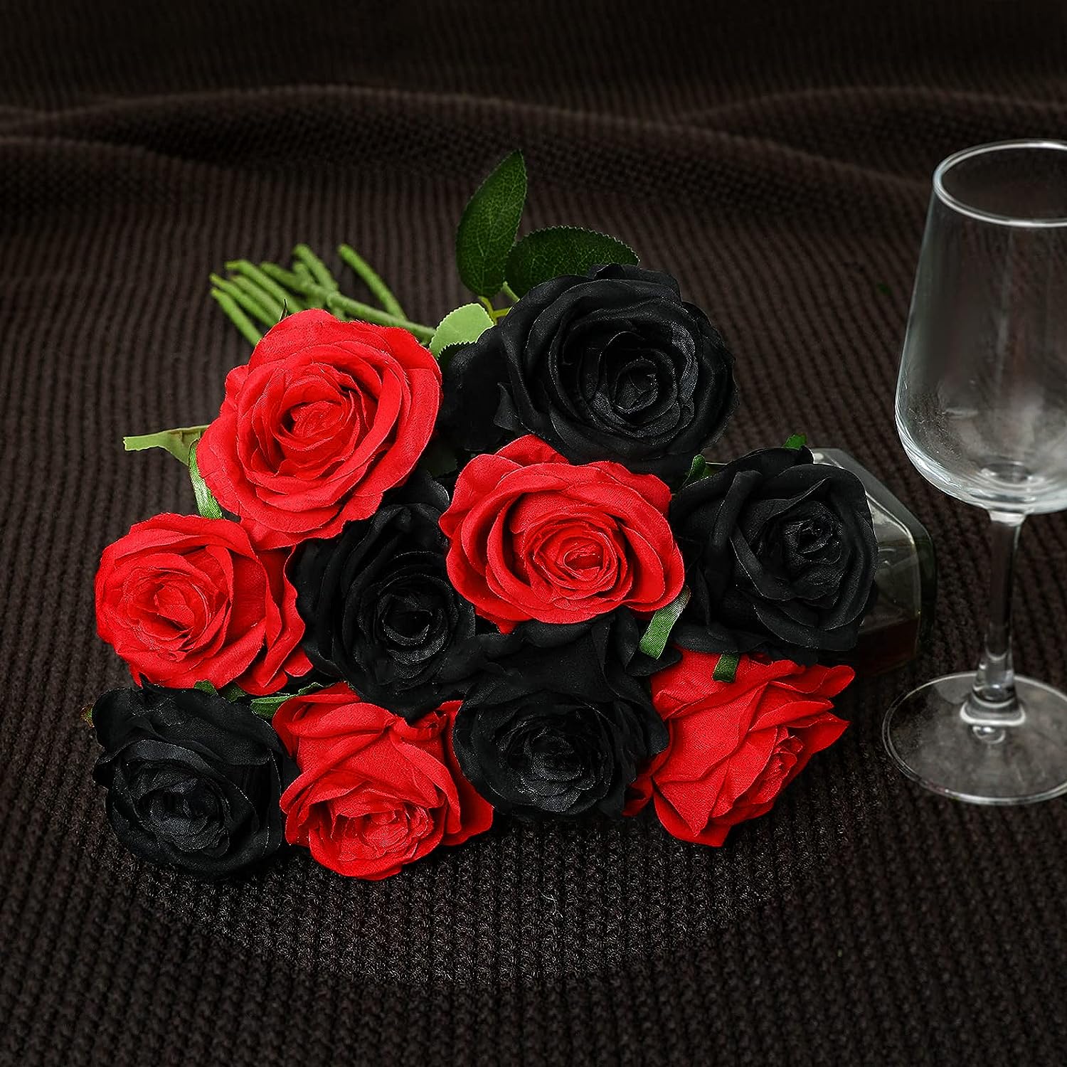 12 Pcs Artificial Silk Roses Flower Bouquet Faux Flowers Home Wedding Party Decor(Black,Red)