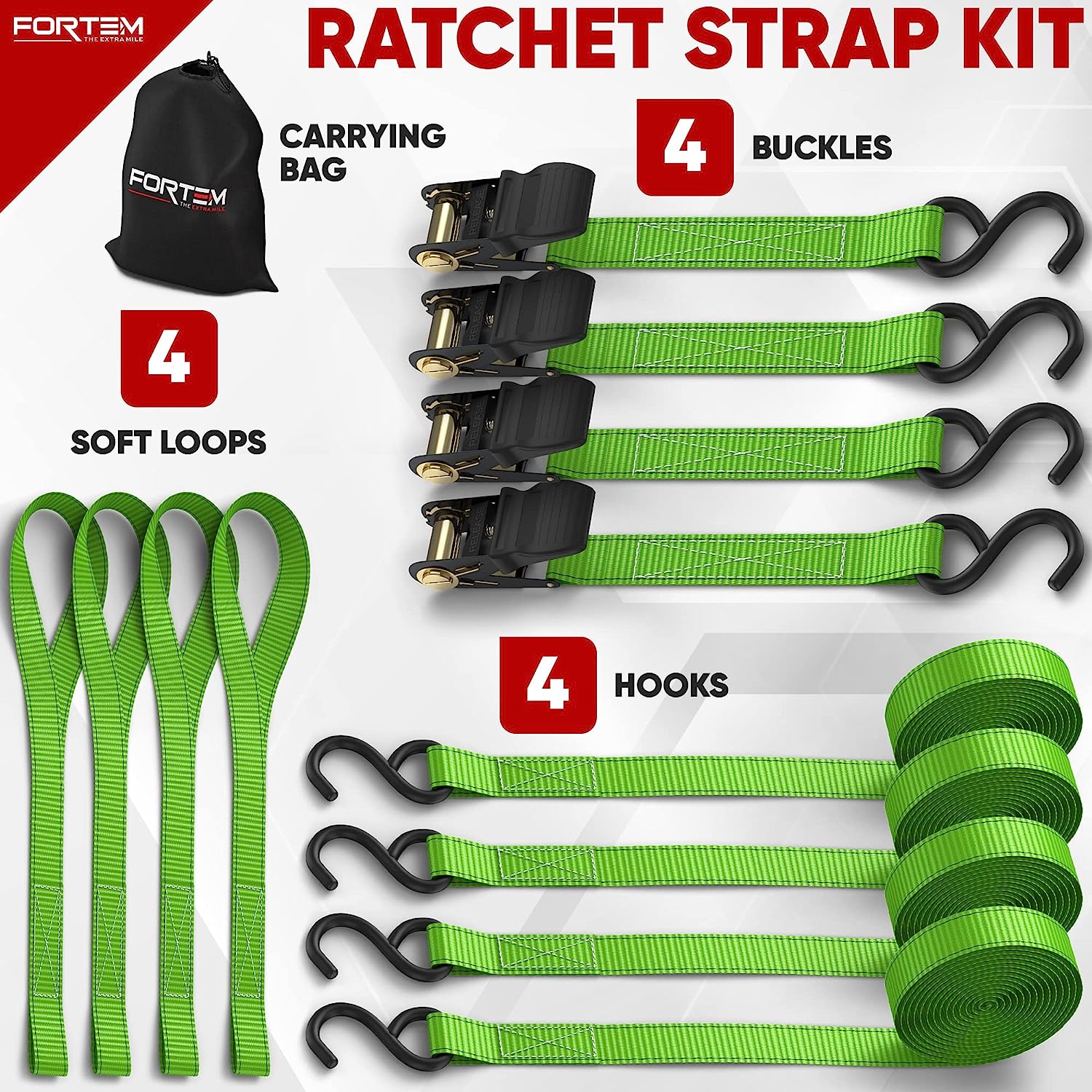 Ratchet Tie Down Straps, 4X 4.6m Securing Straps, 4X Soft Loops 748kg Break Strength, Rubber Coated Metal Handles, Plastic Coated Metal Hooks, Carrying Bag (Green)