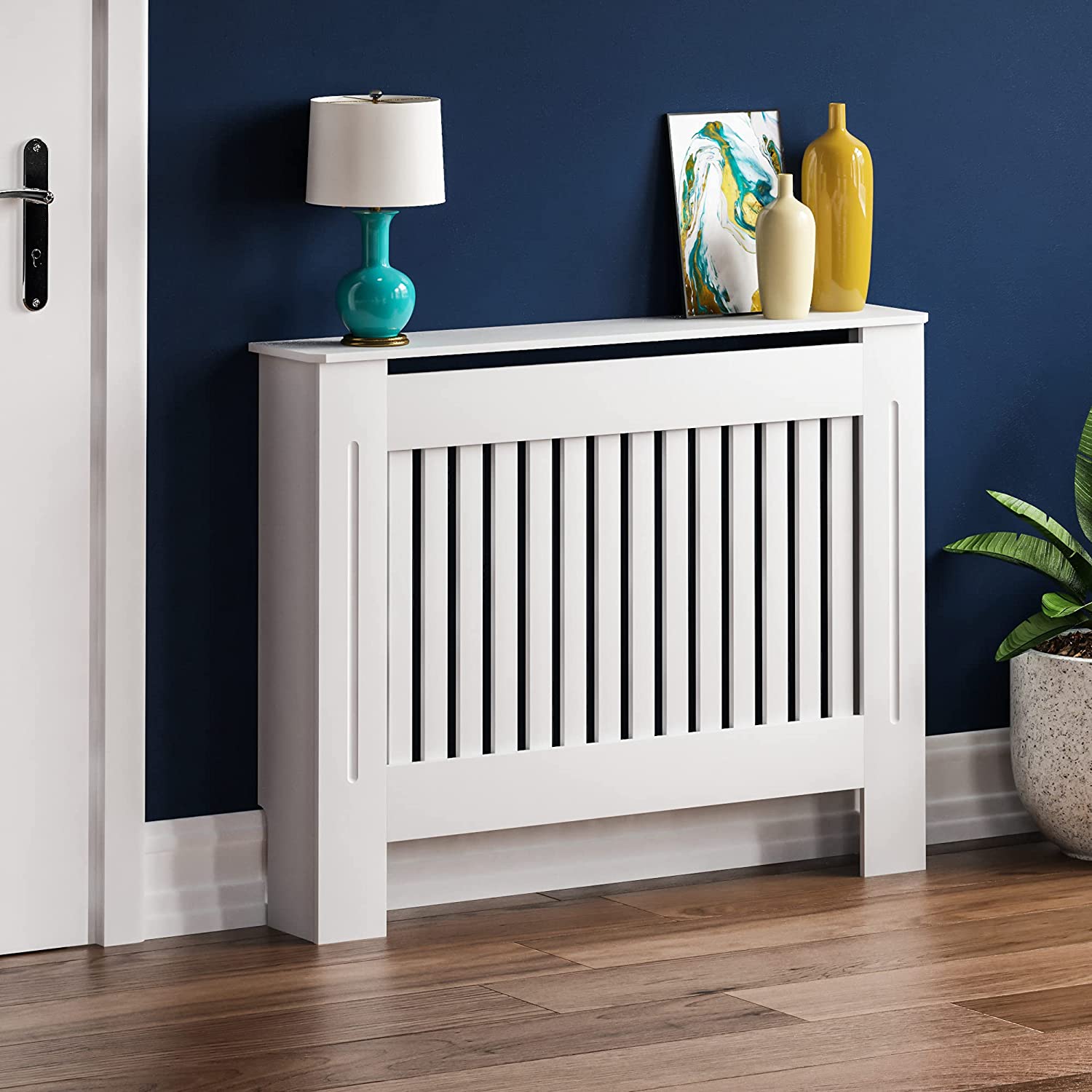 Chelsea Radiator Cover Modern Slatted Grill Slats White Painted MDF Cabinet, Medium