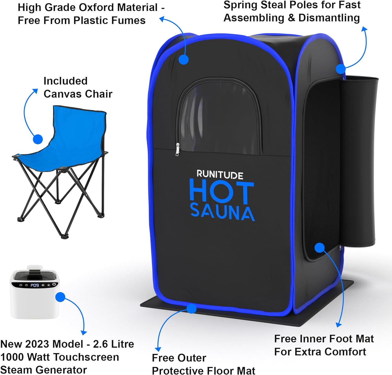 Brand New Portable Saunas Steam Tent | Full Size Home Personal Sauna Steam Detox Room | Infrared Touchscreen 1000W 2.6 Litre Generator | Including Chair & 2X Protective Floor Mats