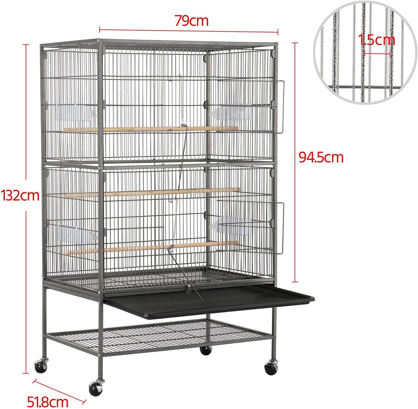 132cm Large Parrot Bird Cage for Cockatiel Lovebird Durable Frame With Perch Stand and Wheels Black