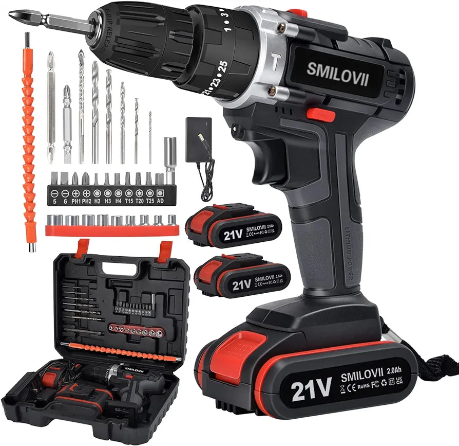 21V Cordless Drill Driver, Power Drills Cordless with 2 Batteries 2000mAh, 45Nm Max Hammer Drill, 25+3 Torque Electric Drills Set, 3/8