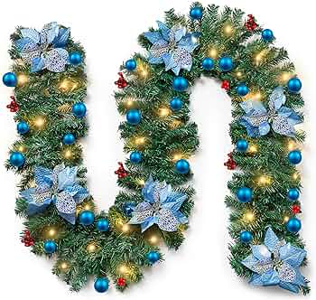 9FT Christmas Garland with Lights for Stairs, 2.7M Wreath Garlands Decorations with Lights, Flower and Ball for Fireplace Wall Door Xmas Tree Garden Yard Holiday Decor