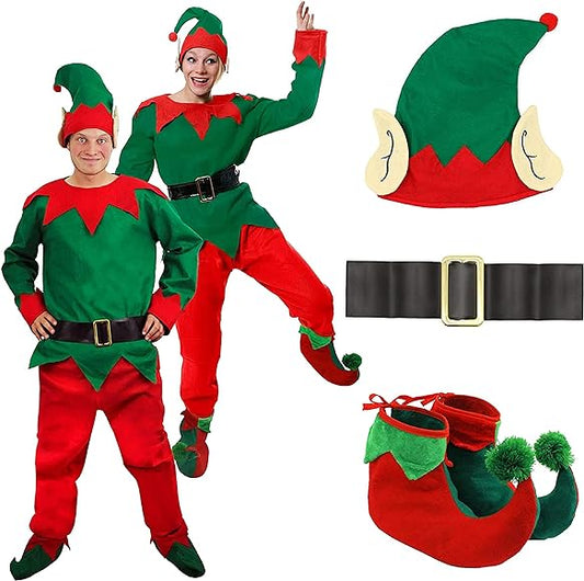 Adults Unisex Cheeky Elf Christmas Fancy Dress- Green Top + Red Trousers + Belt + Elf Hat With Ears + Deluxe Pom Pom Elf Shoes