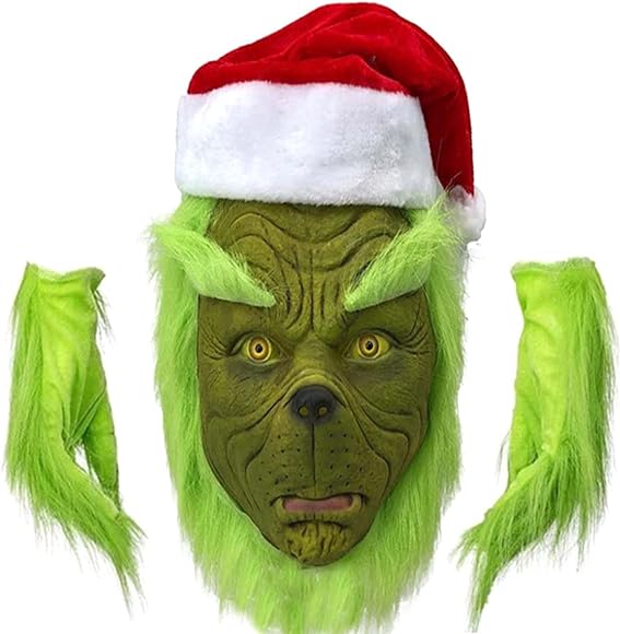 Christmas Costume Set Santa Claus Hat Top Boots Green Hair Monster Mask Gloves Cosplay Costume How Stole Christmas Costume Set - Including Mask Xmas Funny Cosplay Costume Props