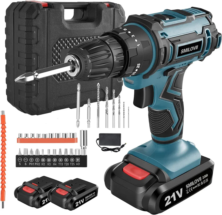 21V Cordless Drill Driver, Power Drills Cordless with 2 Batteries 2000mAh, 45Nm Max Hammer Drill, 25+3 Torque Electric Drills Set, 3/8