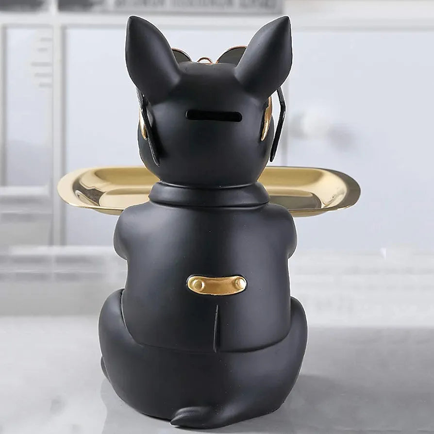 Resin Cool Dog Sculpture Bulldog Decorative Figurine Storage Tray Coin Bank Entrance Key Snack Holder Modern Art Statue Home Desktop Ornament