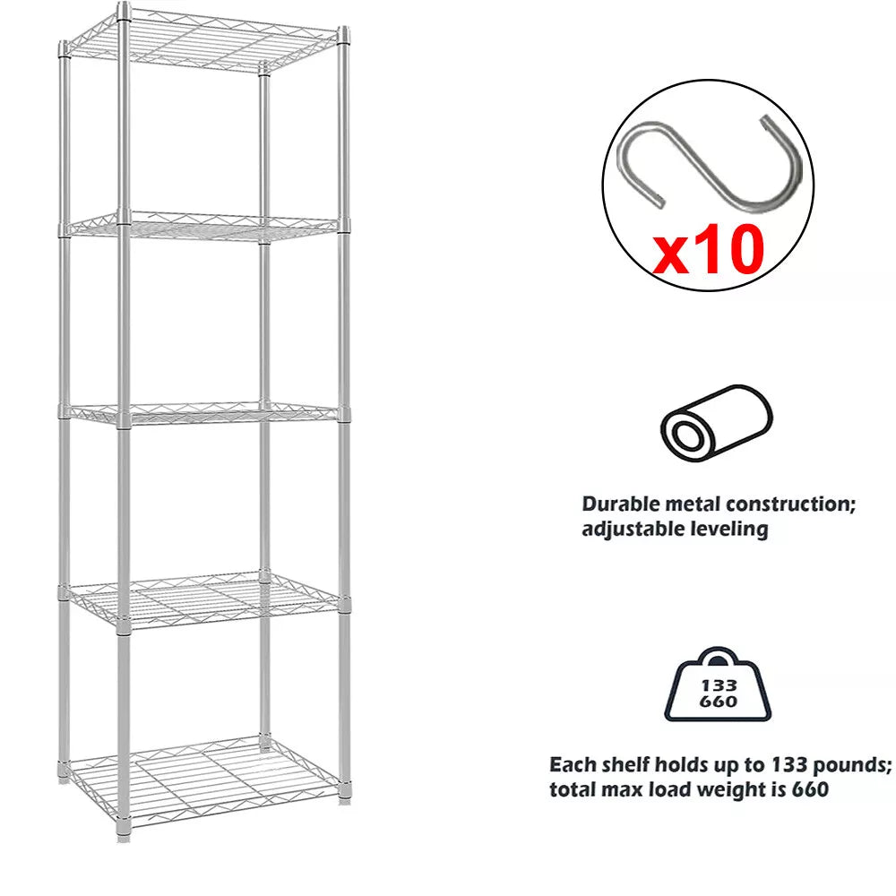 5 Tier Silver Metal Storage Rack Shelving Wire Shelf Kitchen Office Unit Stand