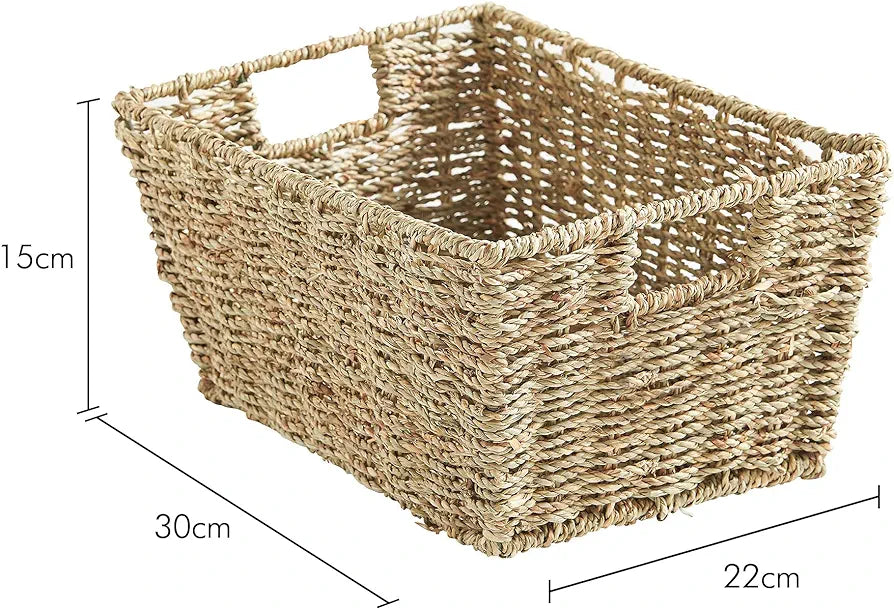 Storage Baskets, Set of 4 Hand-Woven Display Hampers - Bathroom Storage Baskets for Shelves - Nesting Natural Wicker Seagrass Baskets for Storage w/Handles for Bedroom & Home Office