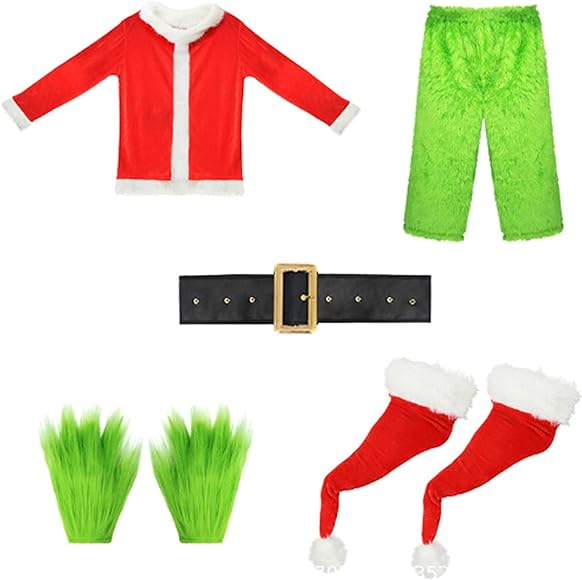 Christmas Costume Set Santa Claus Hat Top Boots Green Hair Monster Mask Gloves Cosplay Costume How Stole Christmas Costume Set - Including Mask Xmas Funny Cosplay Costume Props