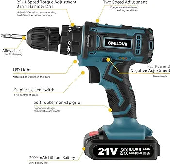 21V Cordless Drill Driver, Power Drills Cordless with 2 Batteries 2000mAh, 45Nm Max Hammer Drill, 25+3 Torque Electric Drills Set, 3/8