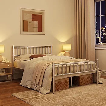 Metal Bed Frame  Modern Style Bed with Headboard and Footboard, Solid Slatted Bed Base