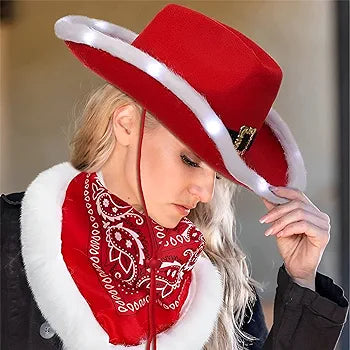 Women Men Christmas Hat，christmas Santa Hat with Lights，flashing Led Christmas Novelty Light Up,christmas Feather Hat Cowboy Red Santa Clause Holiday Hat