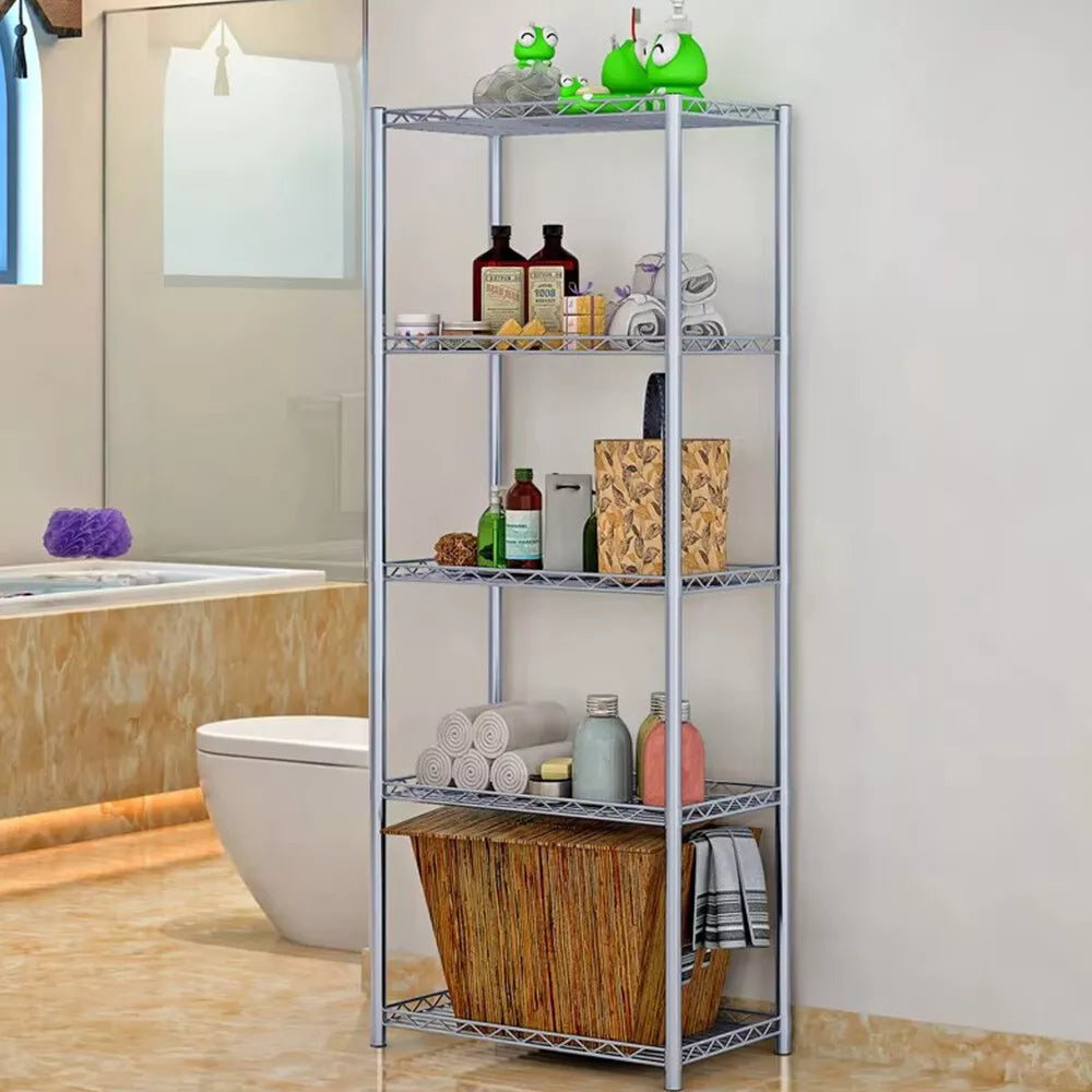 5 Tier Silver Metal Storage Rack Shelving Wire Shelf Kitchen Office Unit Stand