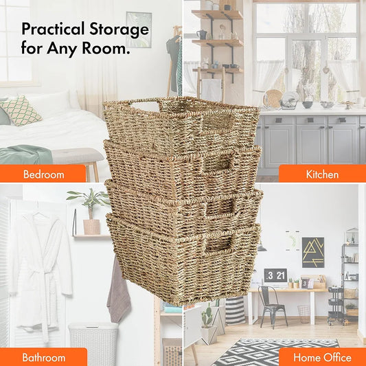 Storage Baskets, Set of 4 Hand-Woven Display Hampers - Bathroom Storage Baskets for Shelves - Nesting Natural Wicker Seagrass Baskets for Storage w/Handles for Bedroom & Home Office