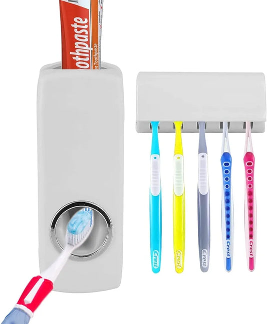 Automatic Toothpaste Dispenser with Wall Mounted and 5 Toothbrush Holder, Toothpaste Squeezing 5 Toothbrush Organizer Slots