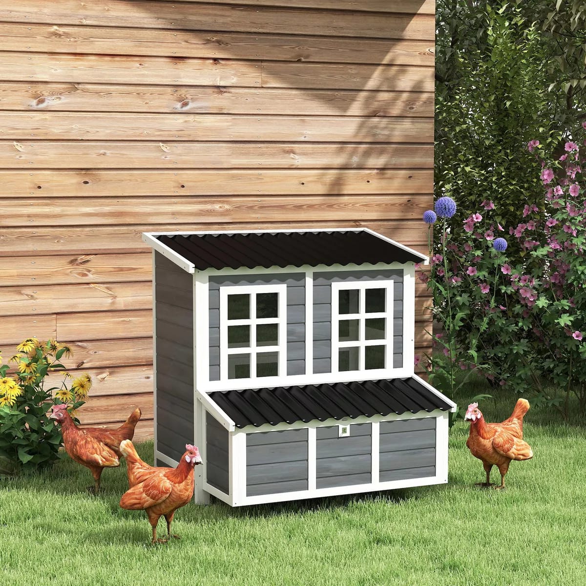 Wooden Chicken Coop, Hen House with Nesting Box, 100 x 86 x 100cm, Light Grey