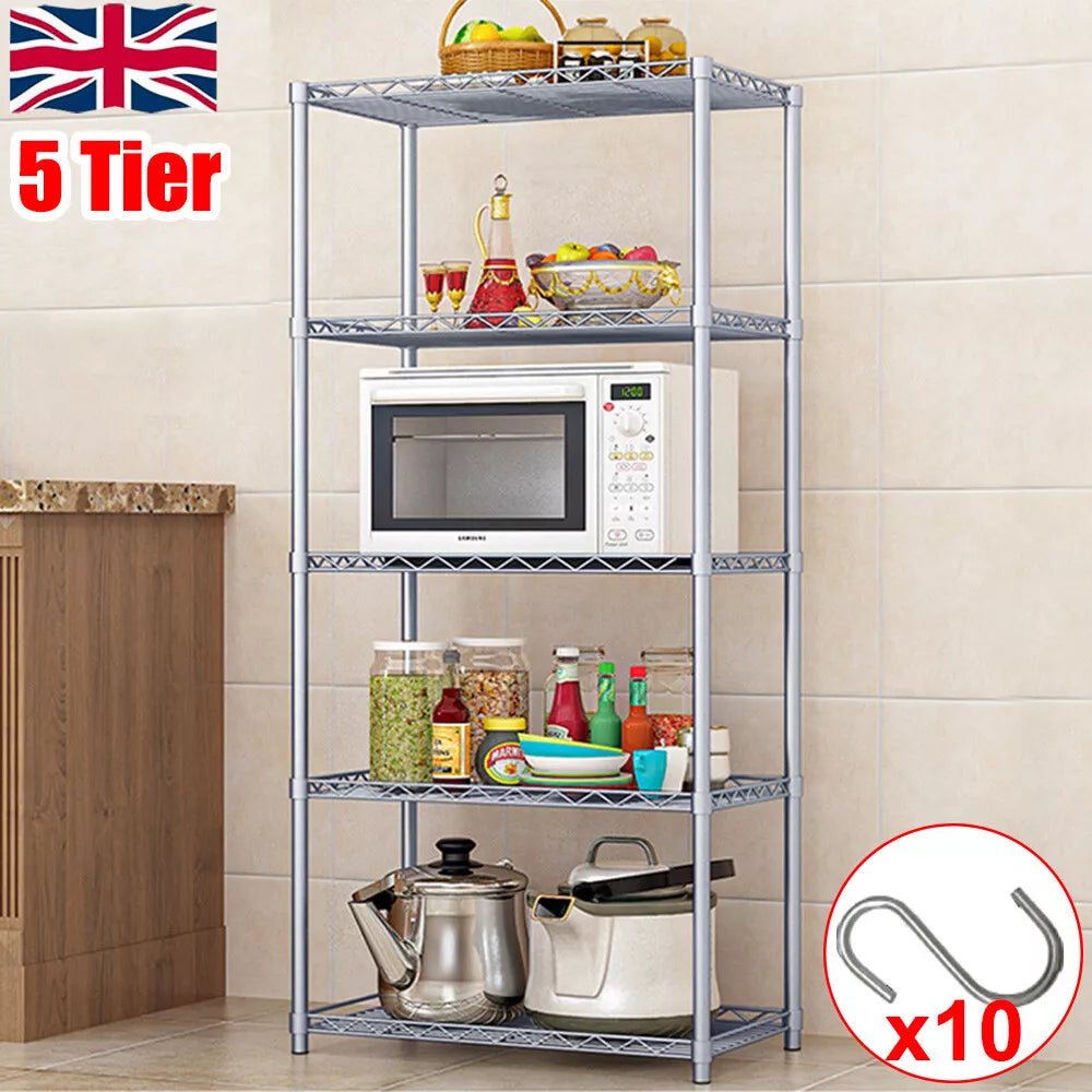 5 Tier Silver Metal Storage Rack Shelving Wire Shelf Kitchen Office Unit Stand