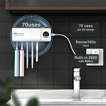 UV Toothbrush Sanitizer, Bathroom Toothbrush Holder Wall Mounted with Sterilizer Function, 2000mAh Charging, Timing Function, Toothbrush