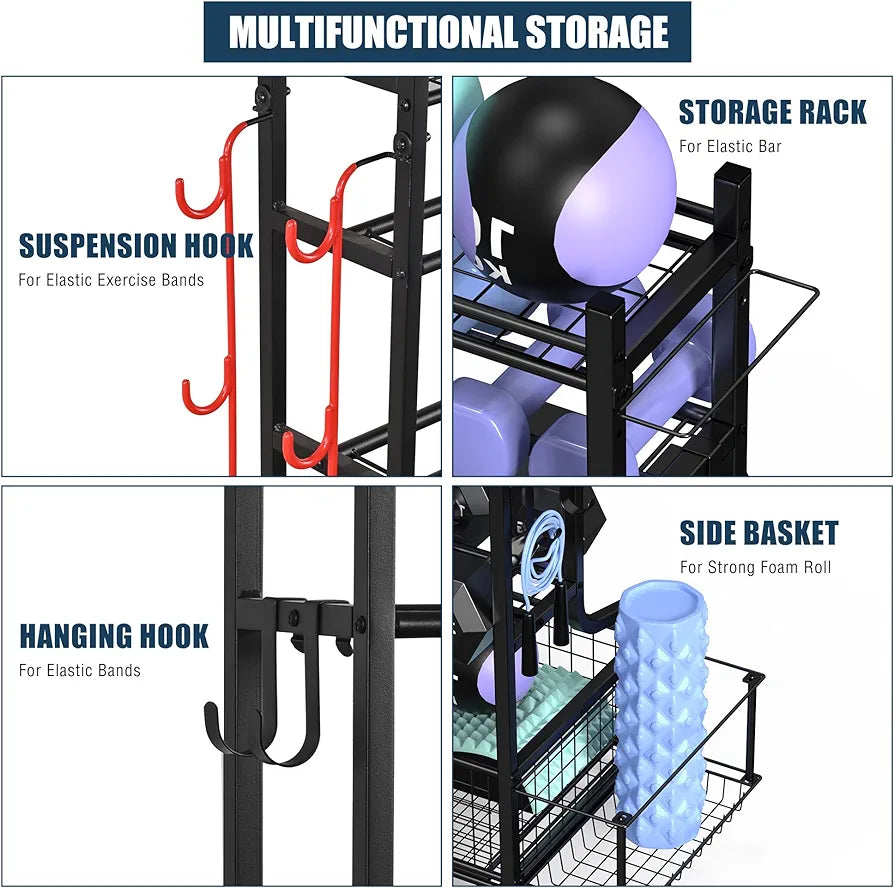 Dumbbell Rack - Yoga Mat Weight Rack - Dumbbell Stand for Home Gym with 4 Wheels and 8 Hooks - Yoga Mat Storage Rack for Kettlebells and Yoga Block, Strap, Roller - 100-160KG Load Capacity