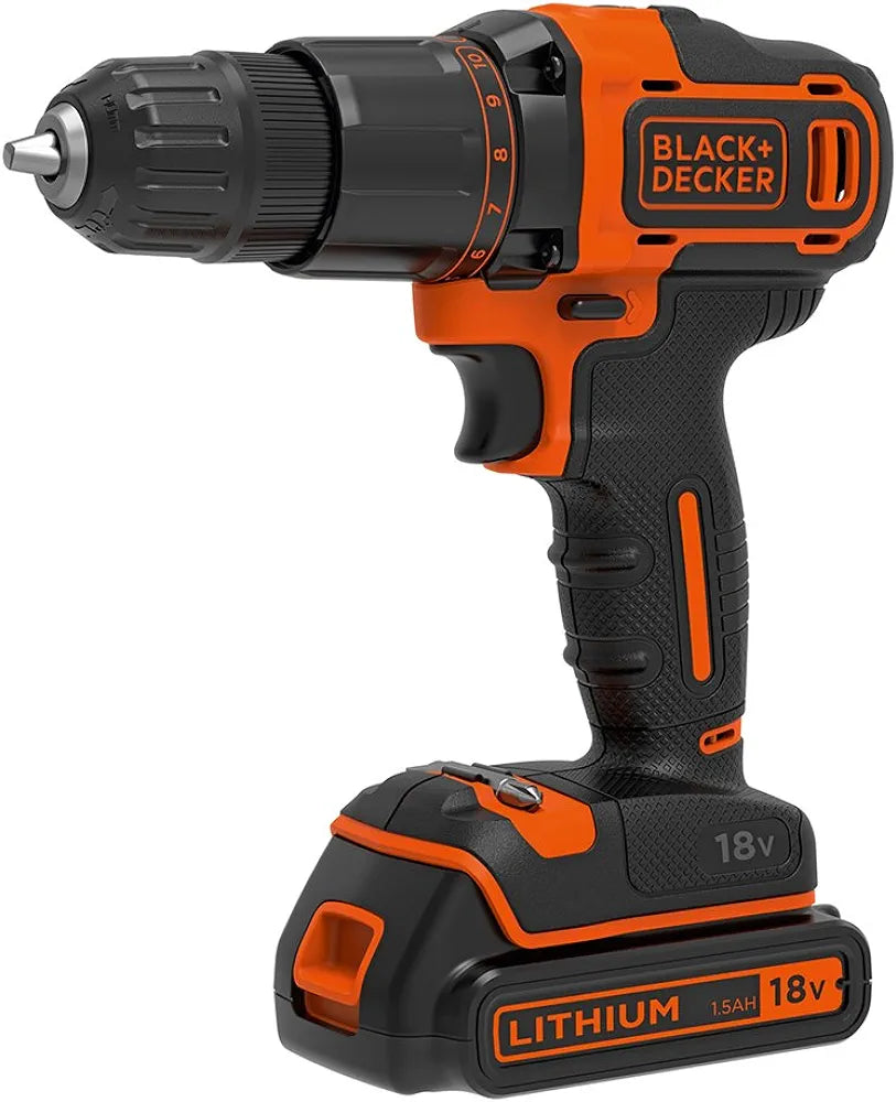 BLACK+DECKER 18 V Cordless 2-Gear Combi Hammer Drill Power Tool with Kitbox, 1.5 Ah Lithium-Ion, BCD700S1K-GB