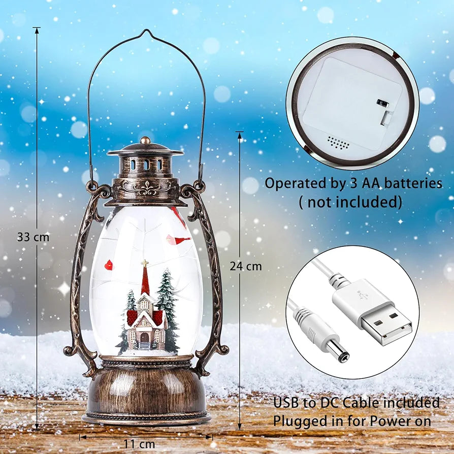 Christmas Snow Globe Lantern, Christmas Village Church Scene Lighted Snow Globes Musical with Swirling Glitter, Battery Powered Christmas Decorations Indoor for Home