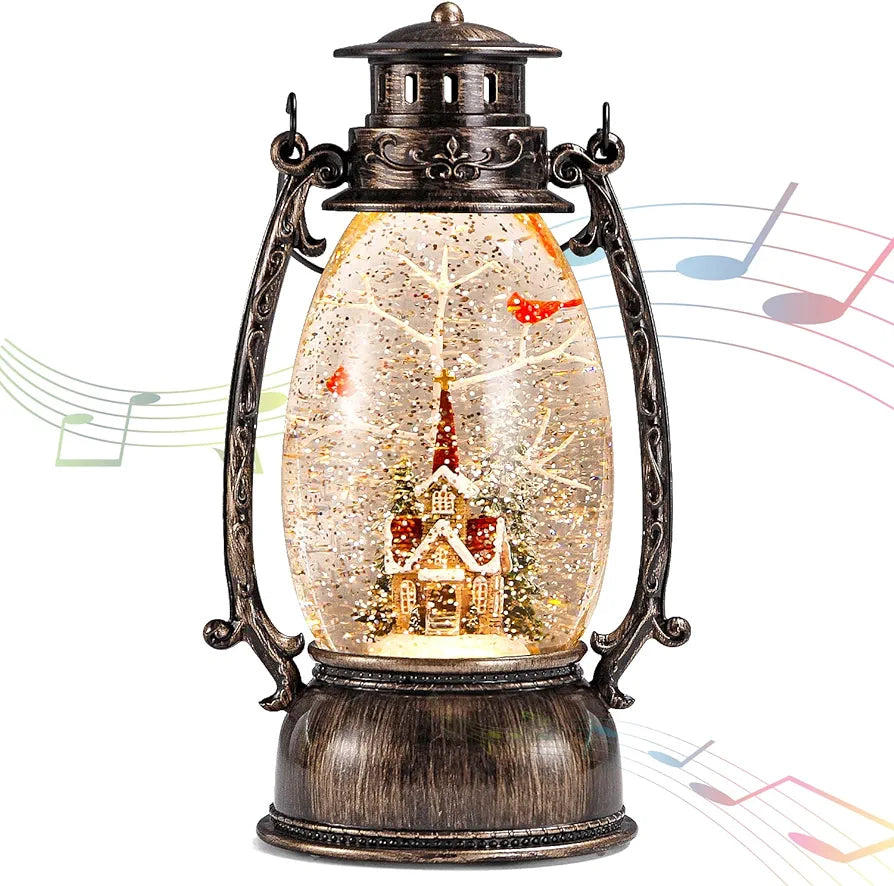 Christmas Snow Globe Lantern, Christmas Village Church Scene Lighted Snow Globes Musical with Swirling Glitter, Battery Powered Christmas Decorations Indoor for Home