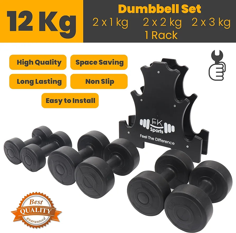 Dumbbell Weights Set with Stand Rack, Lightweight Aerobics Gym Class Dumbbell Weights Workout 12kg Set, Home Gym Weight Exercise Arm Hand Fitness - 1 KG/ 2 KG/ 3 KG Pair