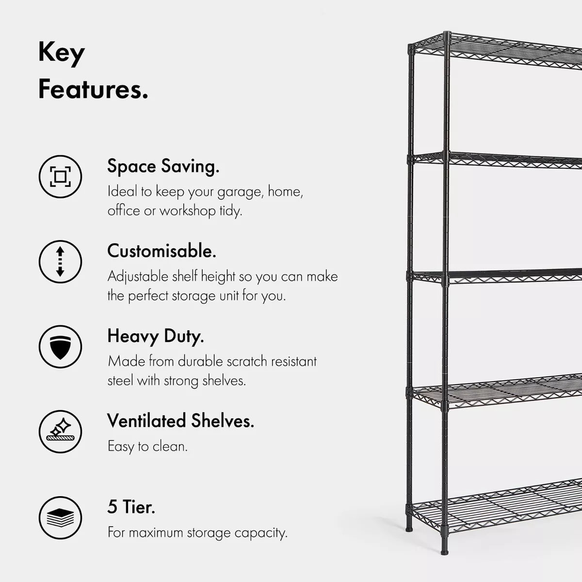 5 Tier Wire Shelving Unit for Storage Black Powder Coated Metal Shelves