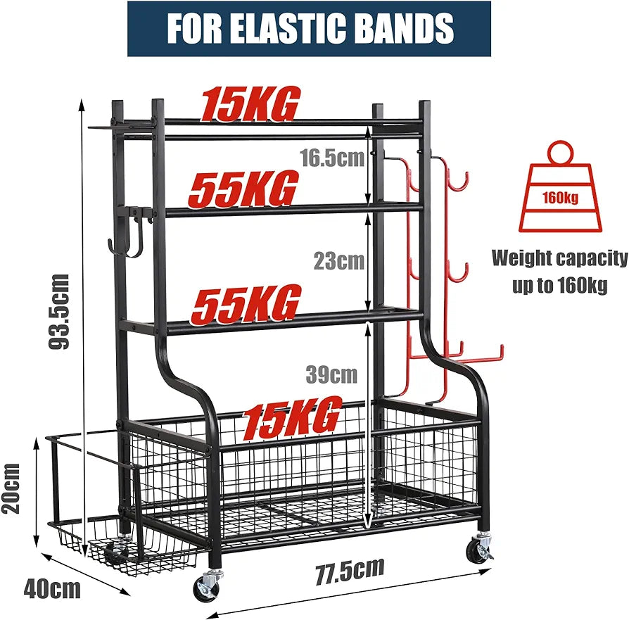 Dumbbell Rack - Yoga Mat Weight Rack - Dumbbell Stand for Home Gym with 4 Wheels and 8 Hooks - Yoga Mat Storage Rack for Kettlebells and Yoga Block, Strap, Roller - 100-160KG Load Capacity