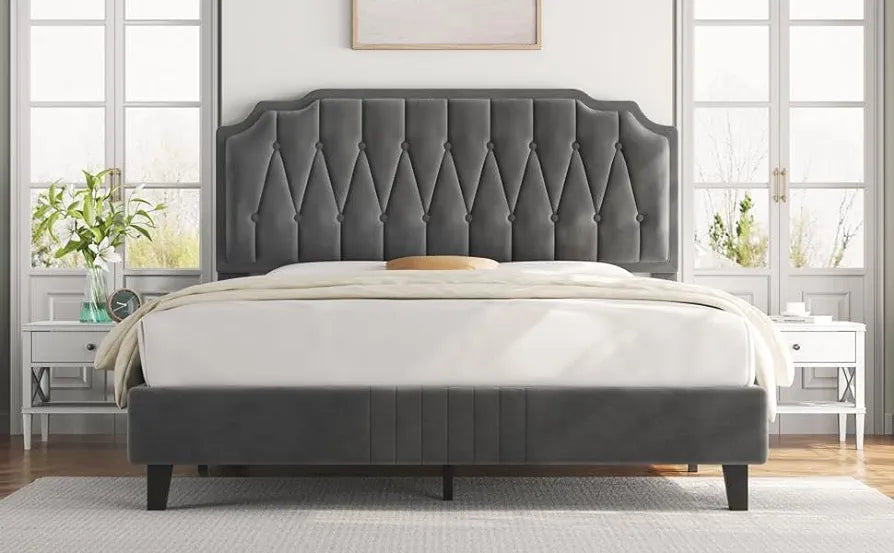 Bed Frame Upholstered Platform Bed with Adjustable Button Tufted Headboard/Velvet Fabric/Sturdy Wooden Slat Support/No Box Spring Needed, Dark Grey