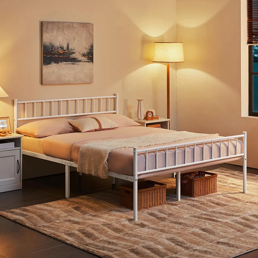 Metal Bed Frame  Modern Style Bed with Headboard and Footboard, Solid Slatted Bed Base