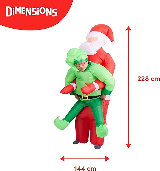 Christmas Inflatable Santa Carry Me Elf Adult Costume - Red and Green Blow Up Fancy Onesie Xmas Party Suit - One Size, Fits Up to 2 Metre / 6.5 Ft