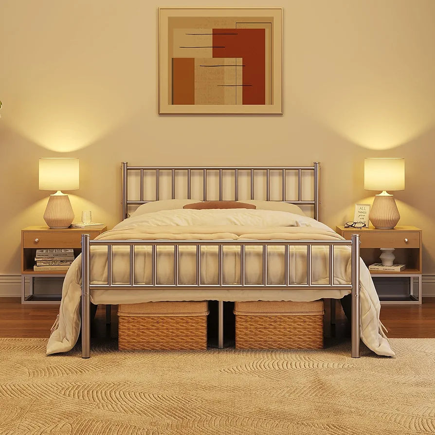 Metal Bed Frame  Modern Style Bed with Headboard and Footboard, Solid Slatted Bed Base