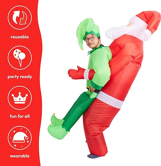 Christmas Inflatable Santa Carry Me Elf Adult Costume - Red and Green Blow Up Fancy Onesie Xmas Party Suit - One Size, Fits Up to 2 Metre / 6.5 Ft