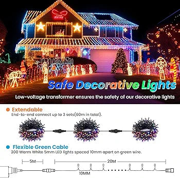 20m 200 LED Christmas Tree Lights, 8 Modes Outdoor Fairy Lights Plug in, Waterproof Outdoor String Lights Mains Powered for Christmas Decoration