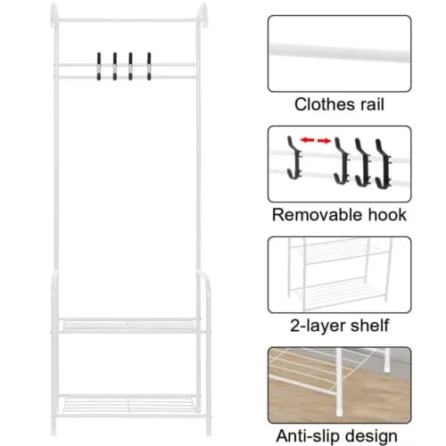 4 Hooks Metal Hat and Coat Stand Clothes Rail Shoe Rack Hanger Hooks Shelf White