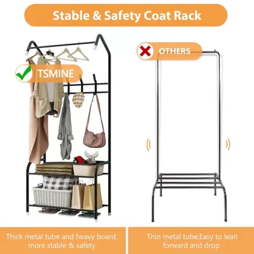 4 Hooks Metal Hat and Coat Stand Clothes Rail Shoe Rack Hanger Hooks Shelf White