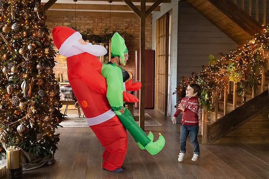 Christmas Inflatable Santa Carry Me Elf Adult Costume - Red and Green Blow Up Fancy Onesie Xmas Party Suit - One Size, Fits Up to 2 Metre / 6.5 Ft