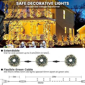 20m 200 LED Christmas Tree Lights, 8 Modes Outdoor Fairy Lights Plug in, Waterproof Outdoor String Lights Mains Powered for Christmas Decoration