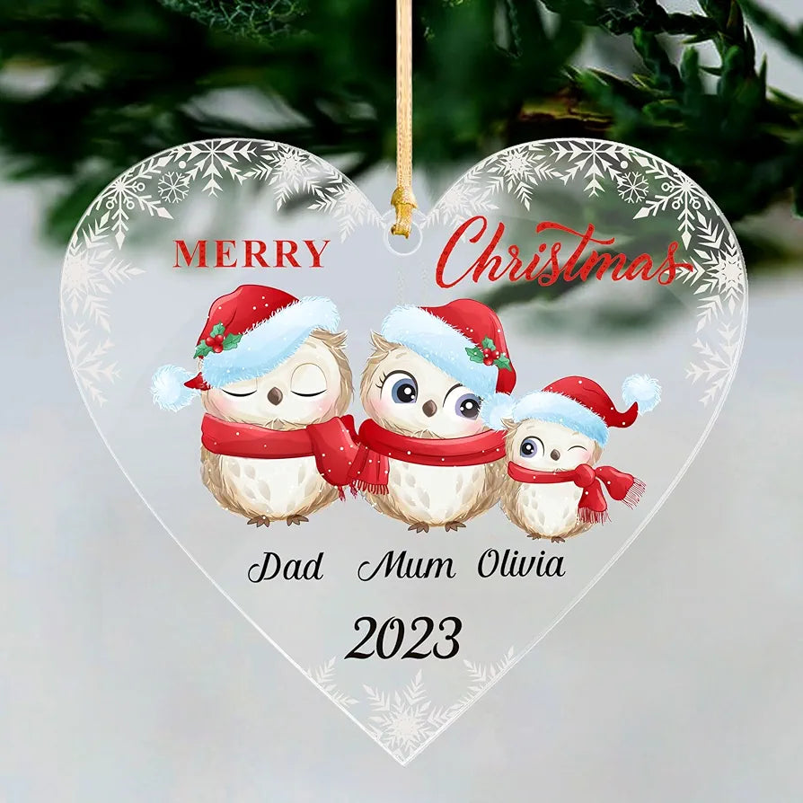 Personalised Christmas Tree Decorations Custom Xmas Tree Decoration Personalised Christmas Tree Bauble for Family UV Print Acrylic Christmas Decorations 2023 (Heart Family of 3)