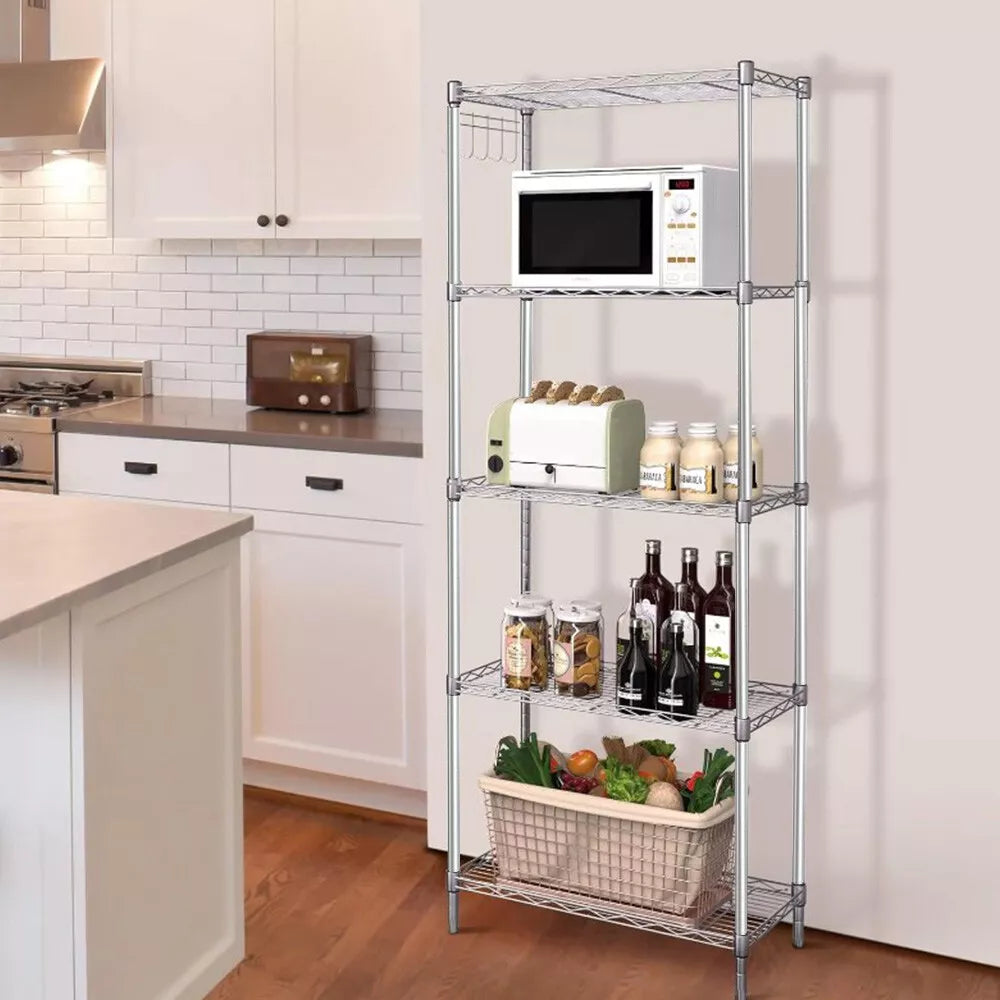 5 Tier Silver Metal Storage Rack Shelving Wire Shelf Kitchen Office Unit Stand