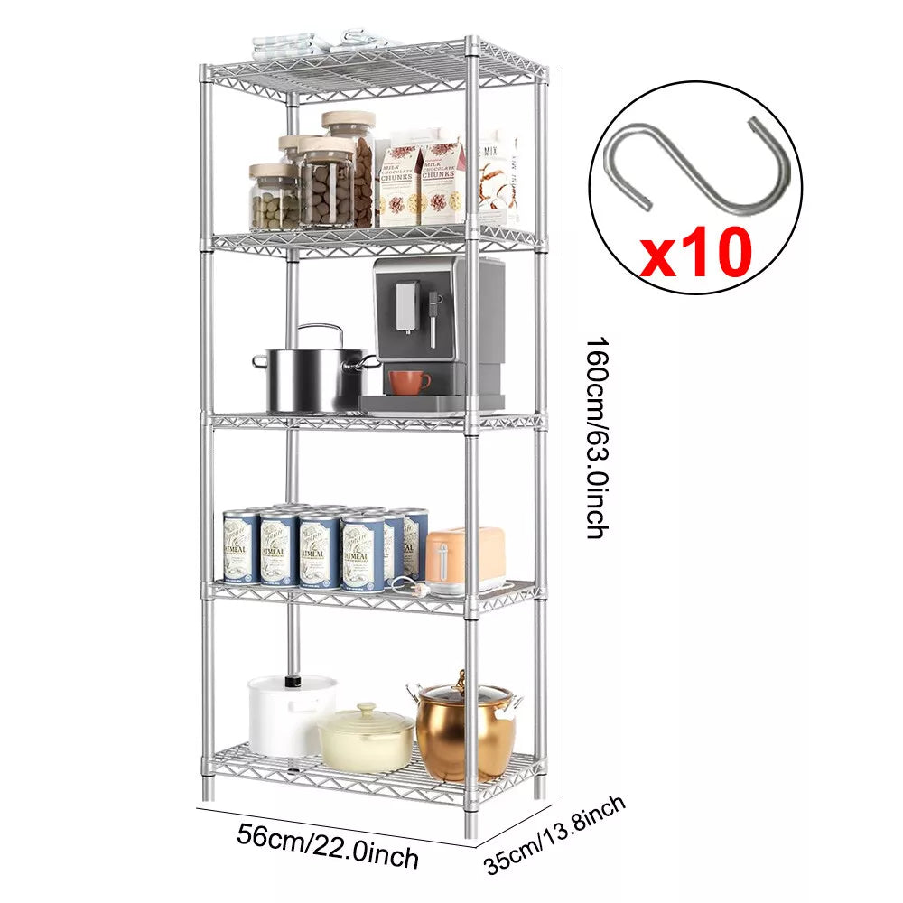 5 Tier Silver Metal Storage Rack Shelving Wire Shelf Kitchen Office Unit Stand