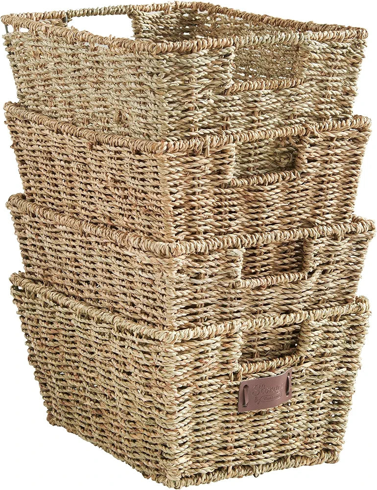 Storage Baskets, Set of 4 Hand-Woven Display Hampers - Bathroom Storage Baskets for Shelves - Nesting Natural Wicker Seagrass Baskets for Storage w/Handles for Bedroom & Home Office