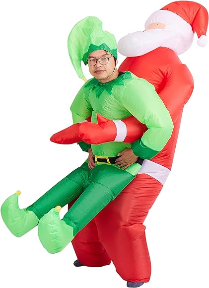 Christmas Inflatable Santa Carry Me Elf Adult Costume - Red and Green Blow Up Fancy Onesie Xmas Party Suit - One Size, Fits Up to 2 Metre / 6.5 Ft