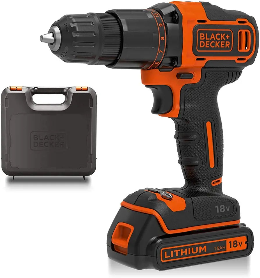 BLACK+DECKER 18 V Cordless 2-Gear Combi Hammer Drill Power Tool with Kitbox, 1.5 Ah Lithium-Ion, BCD700S1K-GB