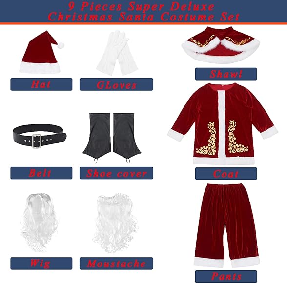 9 Pieces Mens Christmas Santa Claus Costume Outfits Suit Adults Cosplay Xmas Party Novelty Tops Pants Fancy Clothes Set